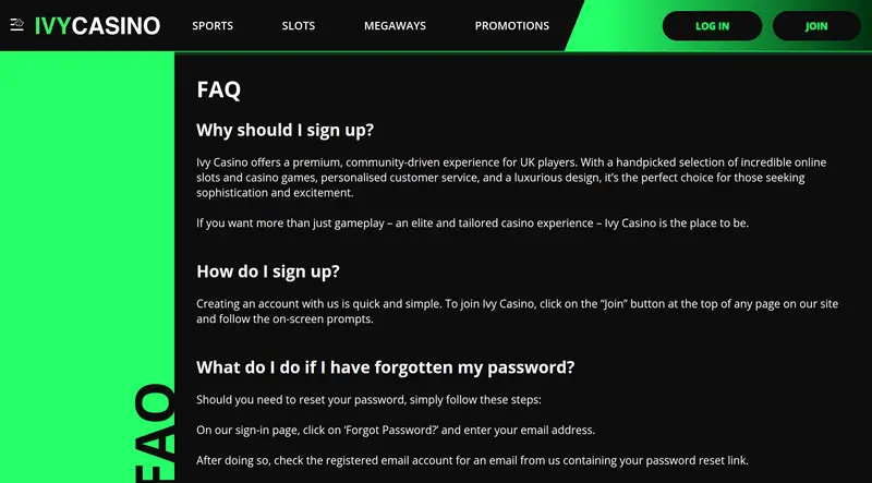 Ivy Casino FAQ page with the first help questions