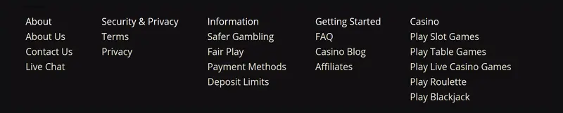 Ivy Casino footer with the Contact Us and Live Chat links
