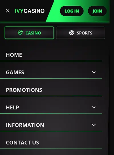 Ivy Casino site on a phone screen